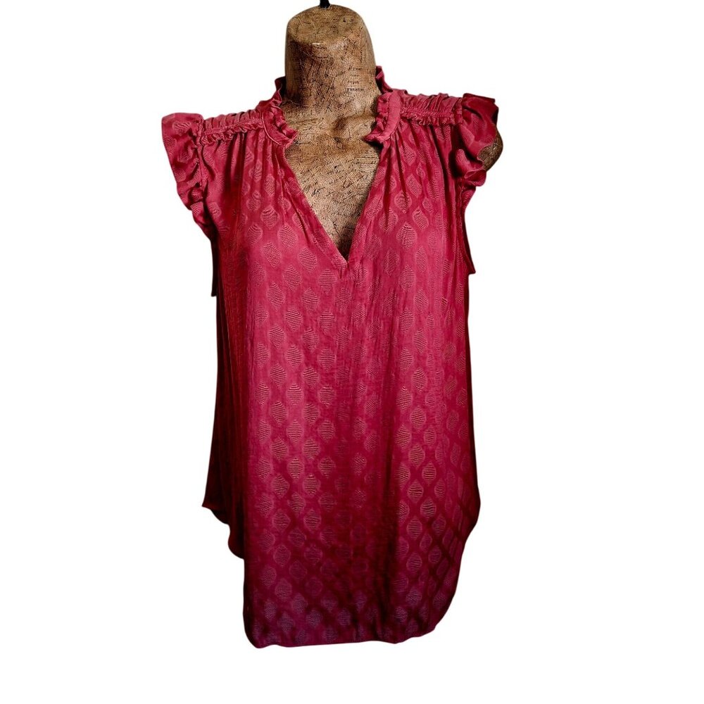 Maeve For Anthropologie Sleeveless Red Textured V-Neck Blouse With Ruffle Sleeve